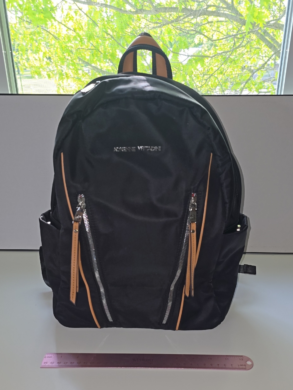 Adrienne Vittadini Black Nylon Backpack with Tan Accents